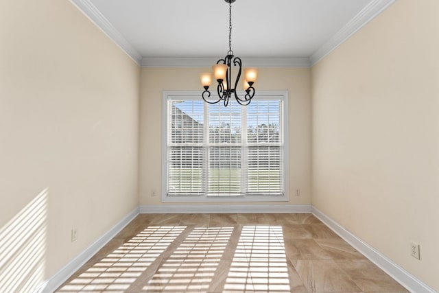 unfurnished dining area featuring crown molding and an inviting chandelier