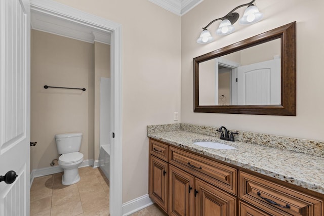 bathroom with tile patterned flooring, toilet, vanity, and ornamental molding