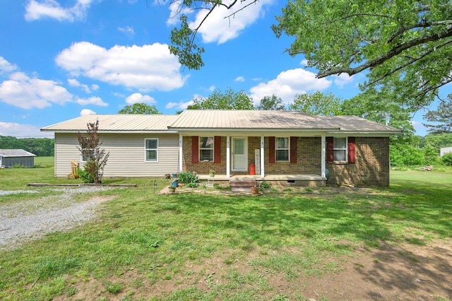ranch-style house featuring a porch, brick siding, crawl space, and a front yard