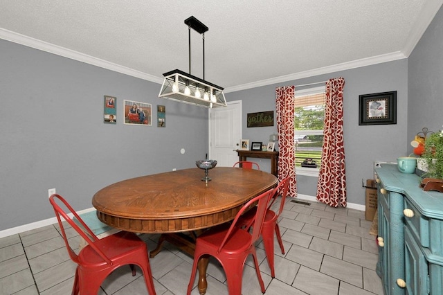 dining area featuring ornamental molding and a textured ceiling
