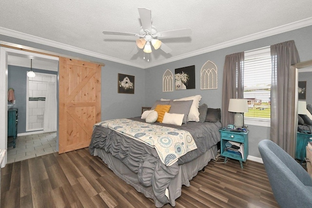 bedroom featuring crown molding, a textured ceiling, baseboards, and wood finished floors