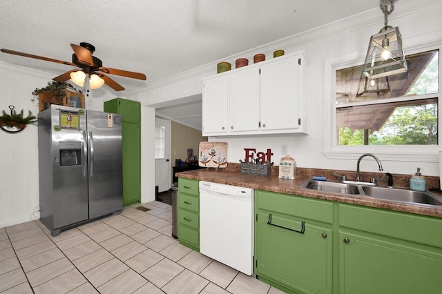 kitchen with crown molding, stainless steel refrigerator with ice dispenser, white cabinetry, a sink, and dishwasher