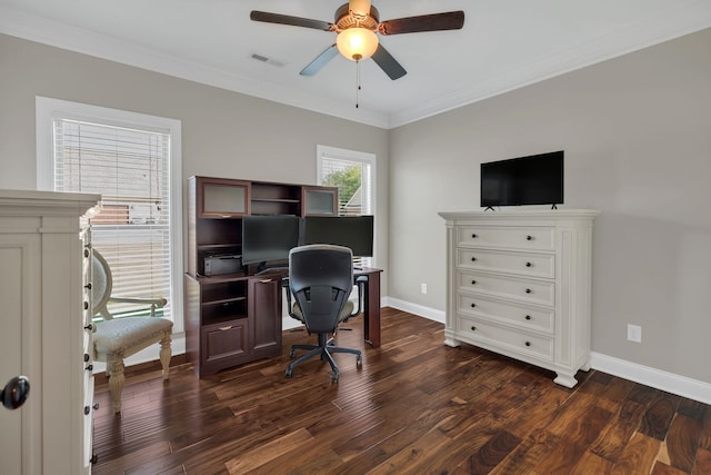 home office with baseboards, visible vents, dark wood-style flooring, and ornamental molding