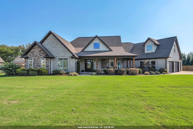 view of front of property featuring covered porch, brick siding, an attached garage, and a front lawn