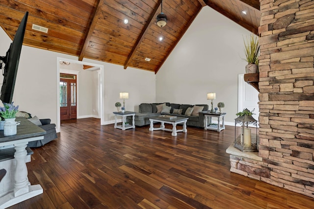 living area featuring wooden ceiling, visible vents, high vaulted ceiling, and wood finished floors