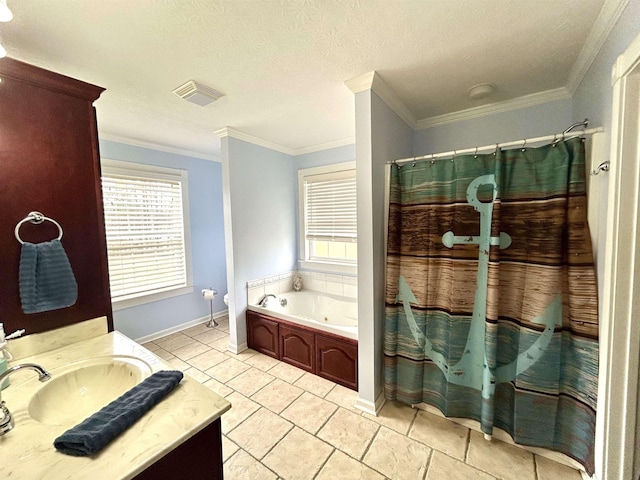 full bath with a textured ceiling, a garden tub, visible vents, and crown molding