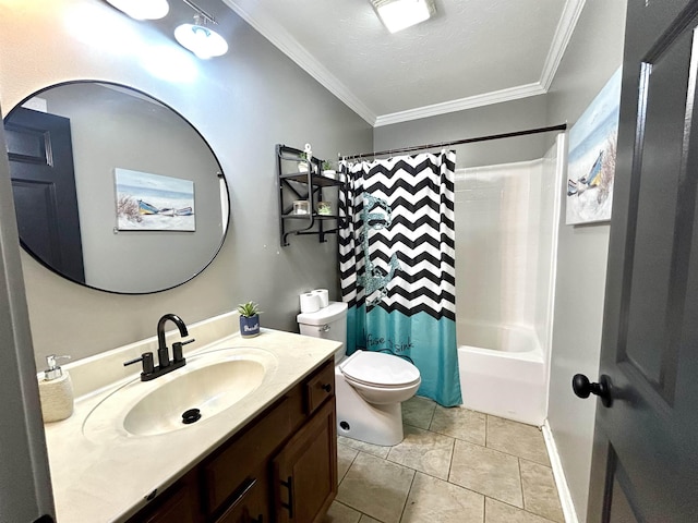 full bath featuring toilet, ornamental molding, tile patterned floors, a textured ceiling, and vanity