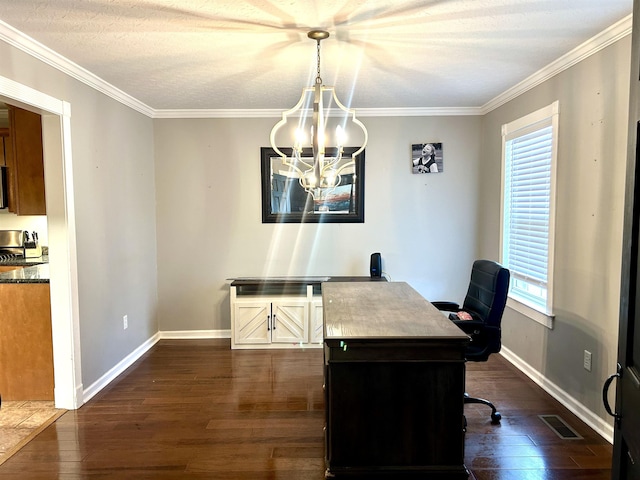 home office with a notable chandelier, visible vents, baseboards, ornamental molding, and dark wood finished floors