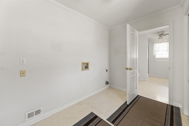 clothes washing area with crown molding, ceiling fan, washer hookup, and hookup for an electric dryer