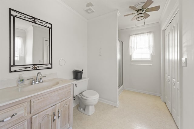 bathroom featuring ceiling fan, walk in shower, toilet, vanity, and ornamental molding