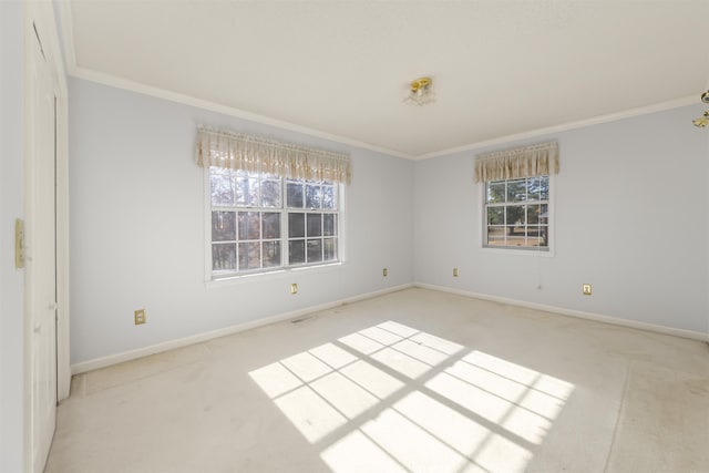 carpeted spare room featuring crown molding