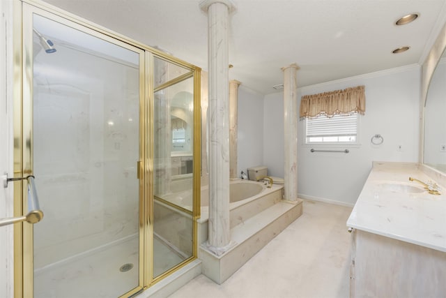 bathroom featuring vanity, independent shower and bath, and ornamental molding