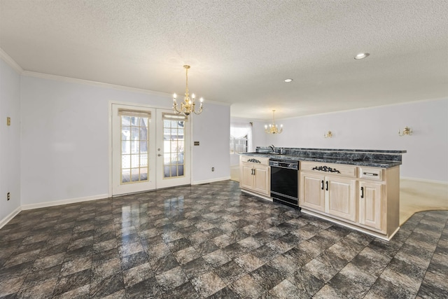 kitchen featuring french doors, a textured ceiling, pendant lighting, a notable chandelier, and black dishwasher