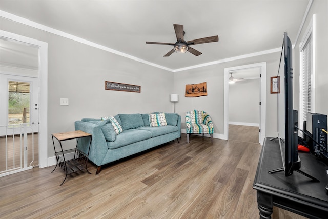 living room with ceiling fan, ornamental molding, and hardwood / wood-style flooring