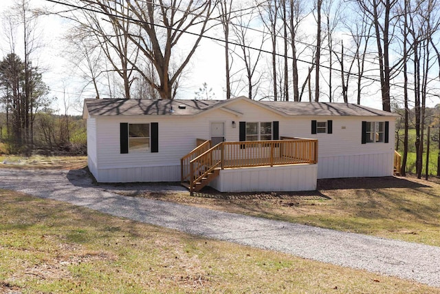 - manufactured / mobile home with a wooden deck