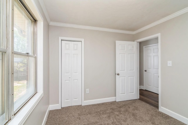 unfurnished bedroom with crown molding, a closet, and carpet