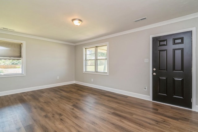 foyer featuring dark hardwood / wood-style flooring, crown molding, and a wealth of natural light