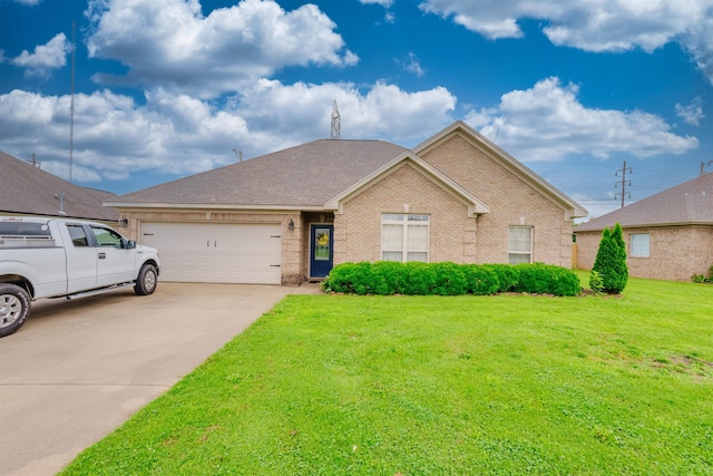 - view of front facade featuring brick siding, a garage, a front yard, driveway, and a shingled roof
