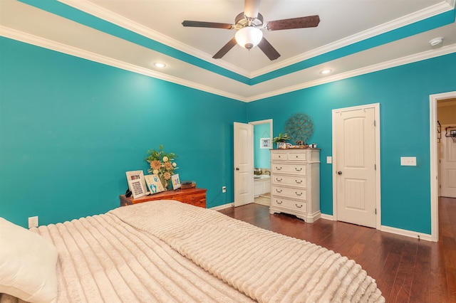  - bedroom with dark wood-type flooring, baseboards, crown molding, recessed lighting, and a ceiling fan