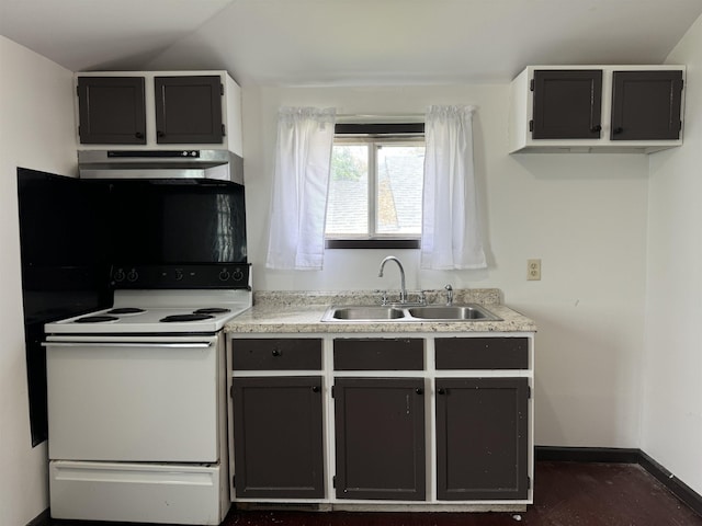 kitchen featuring white range with electric stovetop, a sink, light countertops, baseboards, and under cabinet range hood