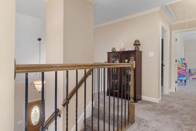 hallway featuring attic access, carpet floors, crown molding, and baseboards