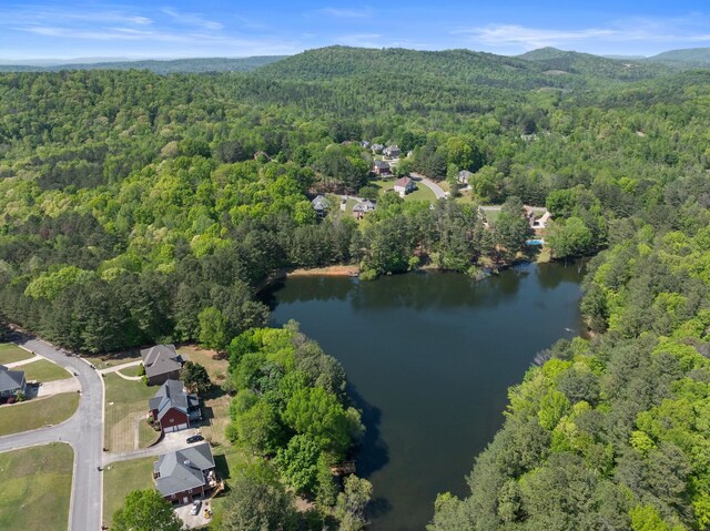 aerial view of property's location featuring a forest and a water and mountain view