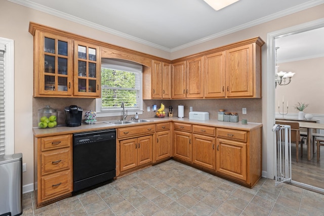 kitchen featuring black dishwasher, a sink, light countertops, a chandelier, and ornamental molding