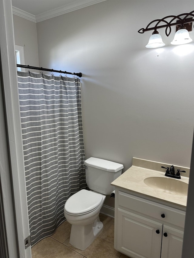  - bathroom with vanity, tile patterned floors, crown molding, and a shower with shower curtain