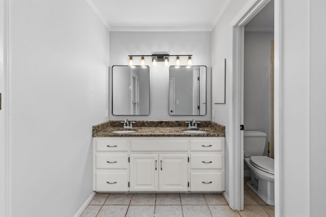 bathroom featuring ornamental molding, toilet, tile patterned flooring, and vanity