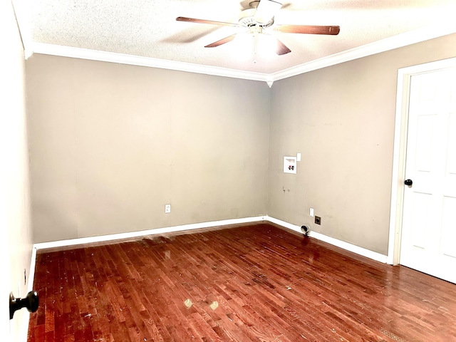 interior space with crown molding, wood-type flooring, a textured ceiling, and ceiling fan