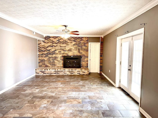 unfurnished living room with french doors, ceiling fan, crown molding, and a textured ceiling