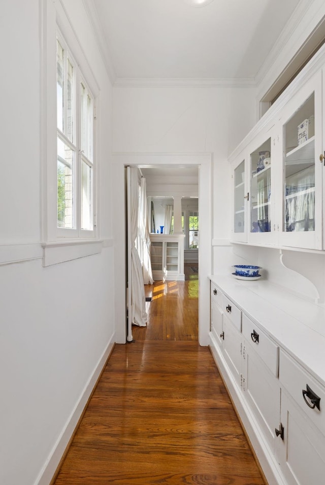  - hall featuring baseboards, ornamental molding, and dark wood-style flooring