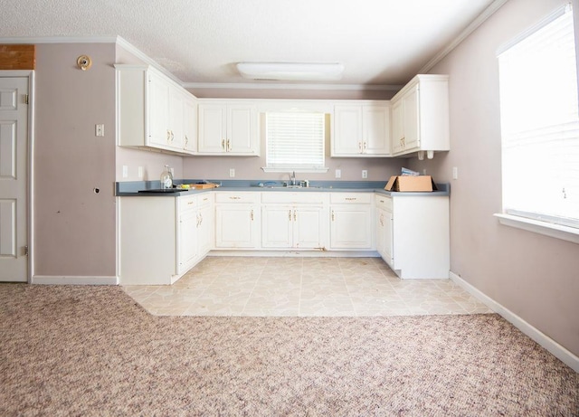 kitchen featuring sink, crown molding, white cabinetry, and light carpet