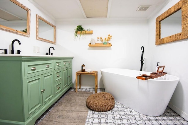 bathroom with vanity, a bath, and ornamental molding