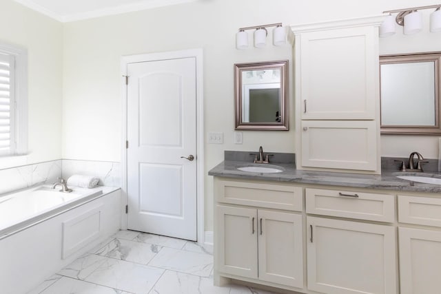 bathroom featuring marble look tiles, a garden tub, double vanity, and ornamental molding