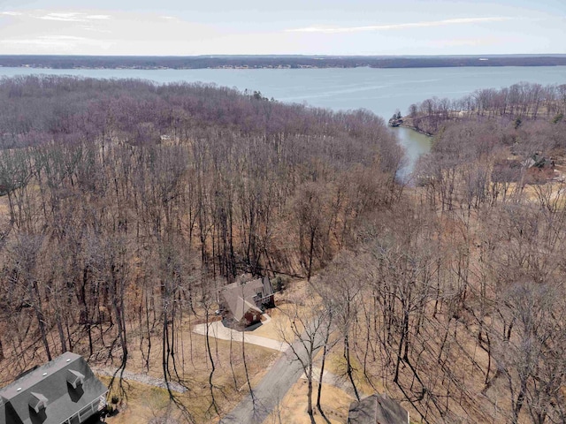 drone / aerial view featuring a water view and a wooded view