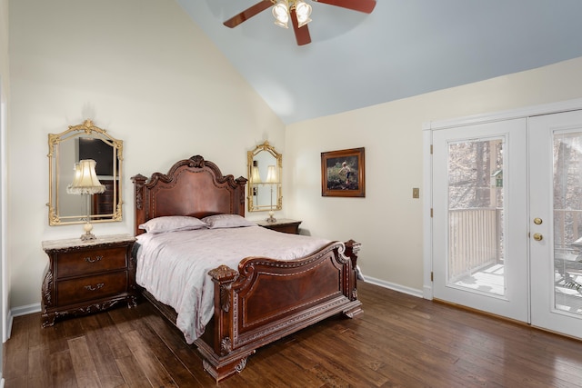 bedroom featuring access to outside, french doors, dark wood-style flooring, and baseboards