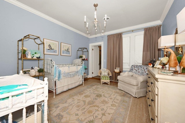 bedroom featuring a notable chandelier and crown molding