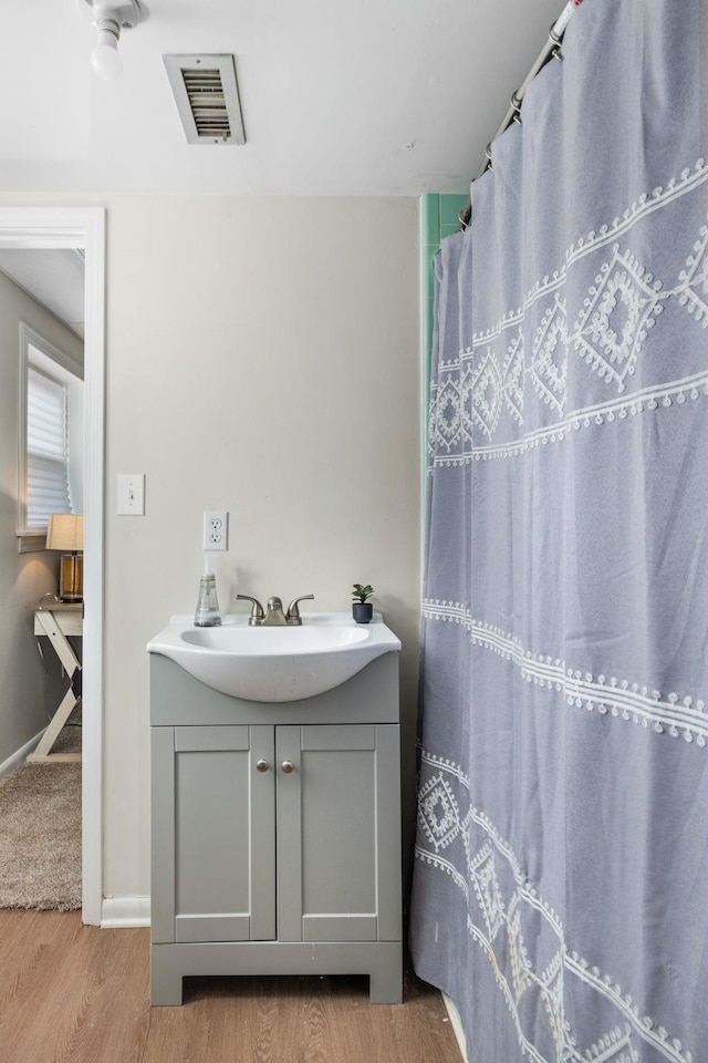 bathroom featuring wood-type flooring and vanity