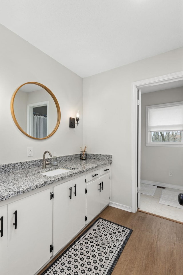 bathroom with vanity and wood-type flooring