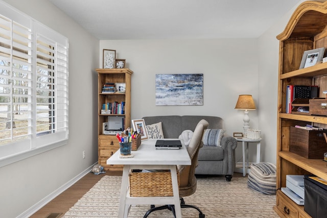 home office with hardwood / wood-style floors