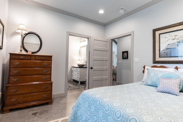 bedroom with light colored carpet and crown molding