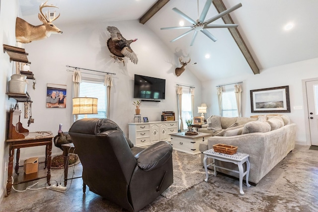 living room with ceiling fan, beamed ceiling, and high vaulted ceiling