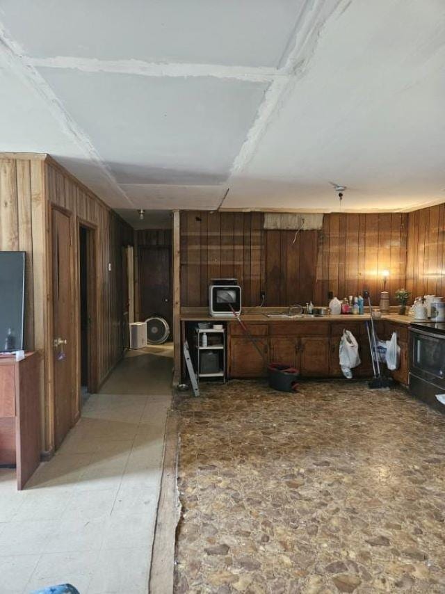  - kitchen with wooden walls, electric range, and a sink