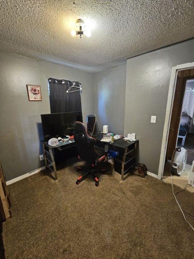  - home office featuring carpet, a textured ceiling, and baseboards