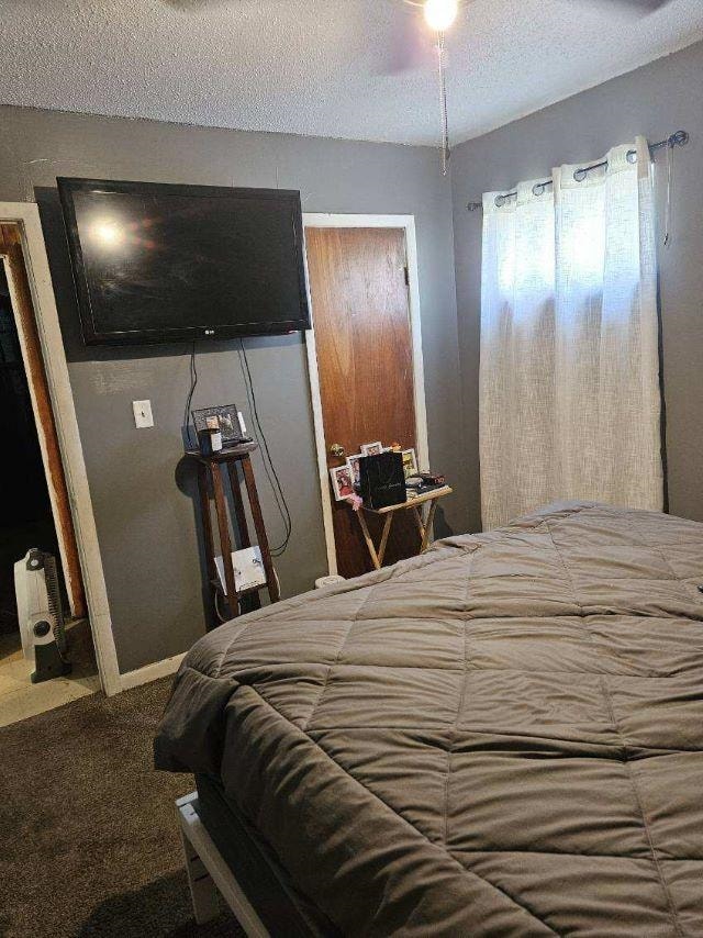  - bedroom featuring carpet floors, baseboards, and a textured ceiling