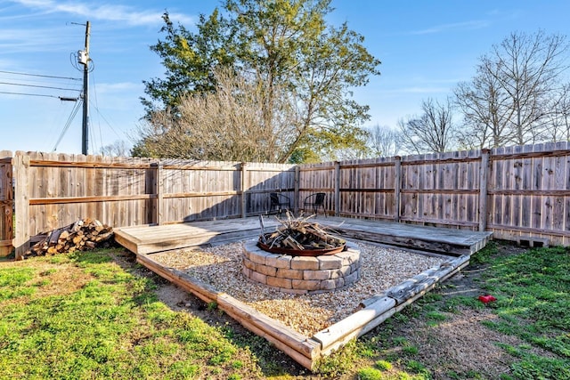  - fenced backyard with an outdoor fire pit