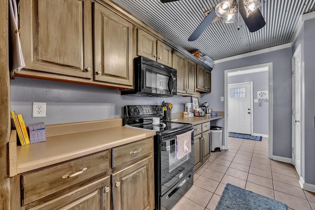  - kitchen with black appliances, a ceiling fan, light tile patterned floors, light countertops, and crown molding