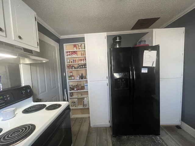 kitchen featuring dark hardwood / wood-style floors, electric range oven, white cabinetry, black fridge with ice dispenser, and a textured ceiling