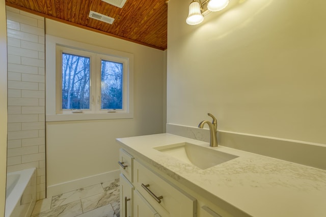 bathroom with vanity and wood ceiling